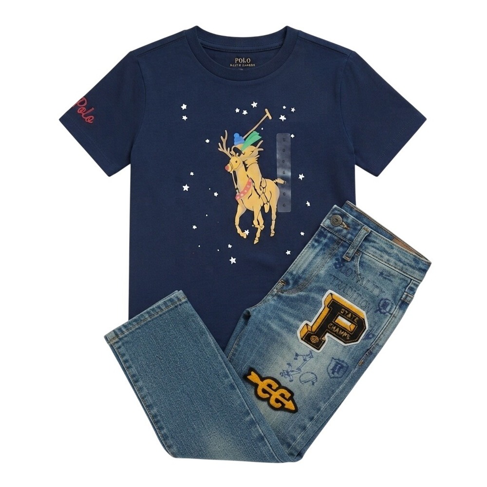Polo Ralph Lauren Boys Size 6 Patchwork Graffiti Jeans & Reindeer Tee Bundle New